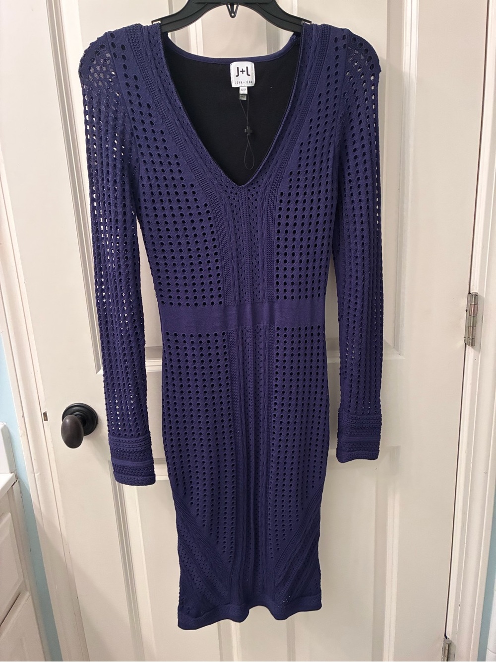 John + Jenn Perforated Open-Knit Midi Sweater Dress Deep Purple